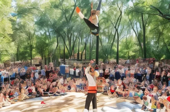 Show de circo para una multitud de chicos al aire libre